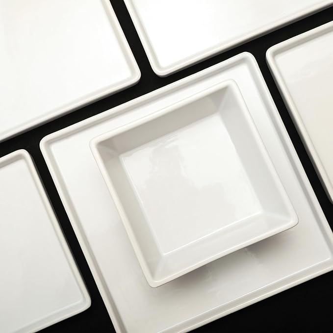 Stone Lain Grace Square Stoneware Dinnerware Set, 12 Piece Service For 4, Plates and Bowls Dish Set, White