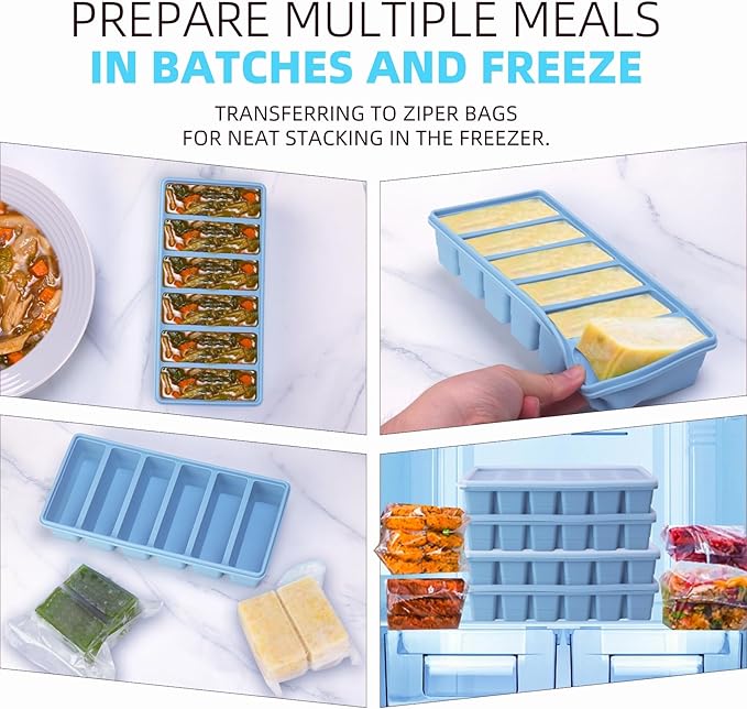 1/2 Cup Silicone Freezer Tray With Lid - Silicone Freezer Molds 2-Pack For meal prep & freezing of various sauces and other dishes, makes 12 perfect 1/2 cup portions cubes (Blue 2 Pack)