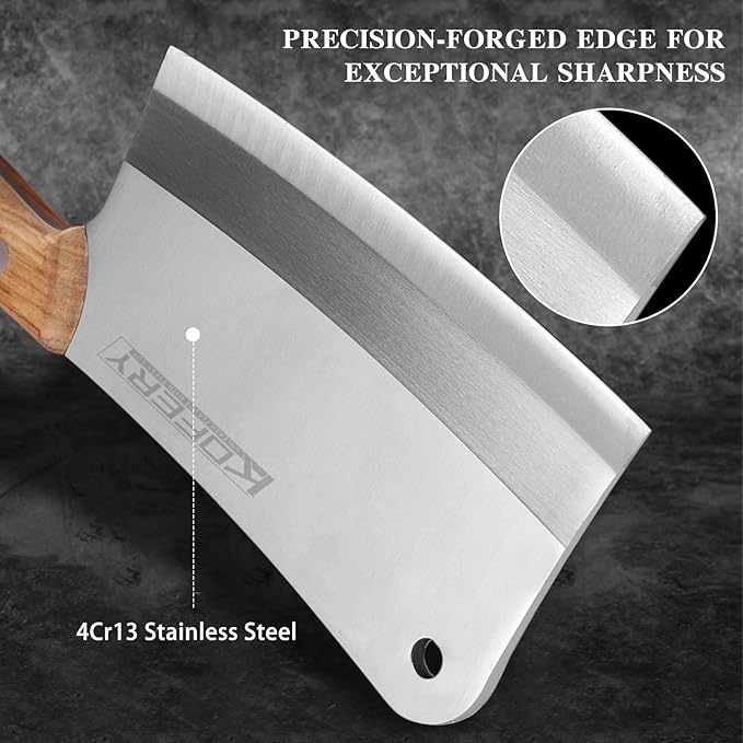 KOFERY 7.3-inch Chinese Bone Cleaver - Heavy Duty Butcher Knife Meat Chopper with Nature Wooden Handle, Perfect for Home Kitchen Use