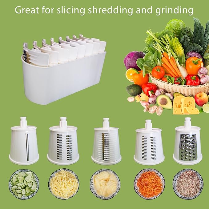 5 in 1 Rotary Cheese Grater Vegetable Slicer - Drum Mandoline Chopper for Kitchen, Easy to Clean with Storage Container