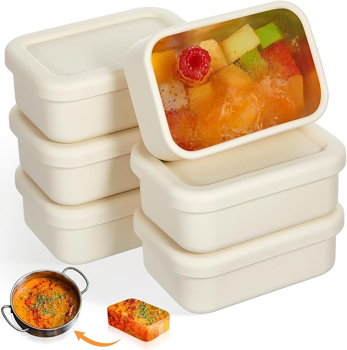 6 Packs 1 Cup Silicone Soup Freezer Molds with Lid Silicone Soup Freezer Trays Rectangle Reusable Food Preserving Tray Freezing Sauces Stews(Beige)