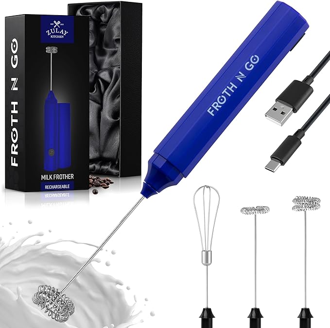 Zulay Kitchen FrothMate Powerful Milk Frother Portable & Compact Handheld Foam Maker Lattes, Cappuccinos (Royal Blue, Froth N Go)