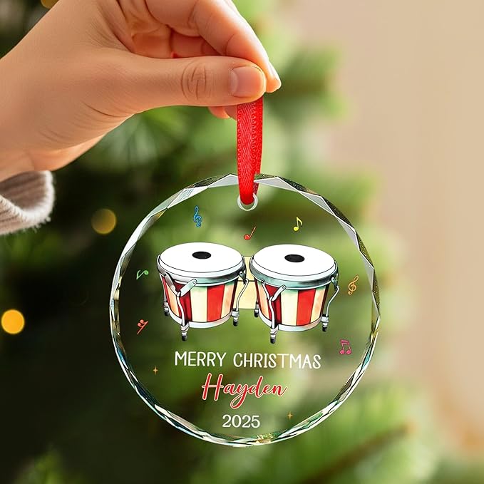 Bongo Drum Player Christmas Ornament Gifts, Personalized Text & Name Musical Instrument Glass Ornament Xmas Tree 2025, Bongo Glass Ornaments Gifts for Drummer Music Lovers, Custom Musician Ornaments