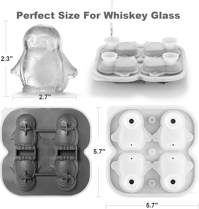 Nax Caki 3D Penguin Ice Cube Tray, 2.2" Large Thicked Silicone Fun Shapes Whiskey Ice Mold with Funnel for Cocktails,Bourbon,Brandy, Whiskey Gifts for Men Black