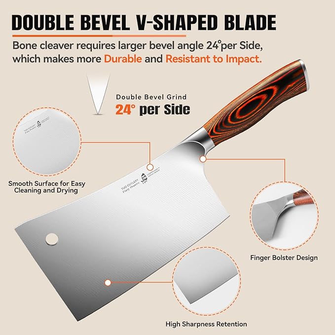 TUO Meat Cleaver, 7 inch Heavy Duty Bone Chopper, High Carbon German Stainless Steel Butcher Knife, Pakkawood Handle Kitchen Chopping Knife with Gift Box - Fiery Phoenix Series