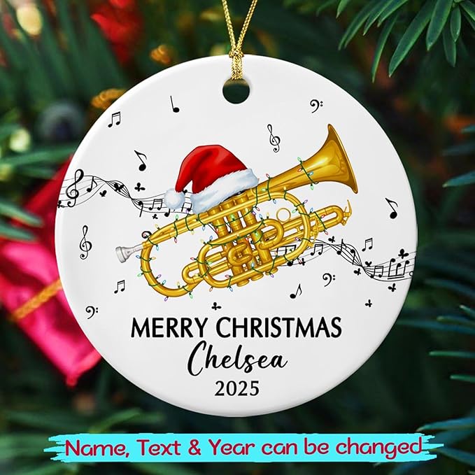 Personalized Cornet Musical Ceramic Ornament, Customized Year Text Name Cornet Player Ornaments Gift for Cornetist Daughter Son Kids Dad Mom Husband Wife, Unique Cornet Instrument Ceramic Ornament