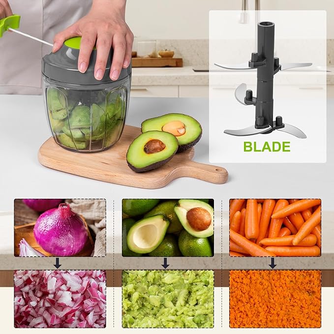 Manual Food Processor Vegetable Chopper, Portable Hand Pull String Garlic Mincer Onion Cutter for Veggies, Ginger, Fruits, Nuts, Herbs, etc., 900ml-Gray