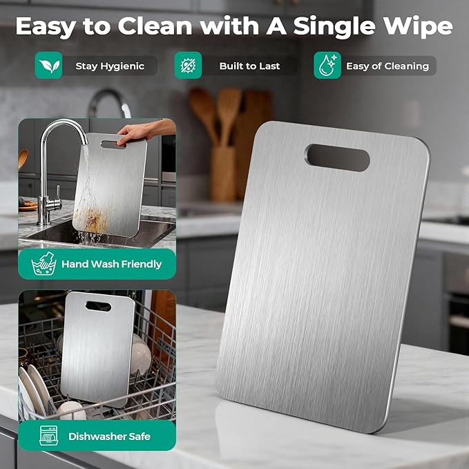 Katuchef Titanium Cutting Board - Upgraded 100% Pure Titanium Cutting Boards for Kitchen Non Toxic, Double-Grade Hygiene Durable Non Moldy Dishwasher Safe Meat Fruit Metal Board (3PC S+L+XL)