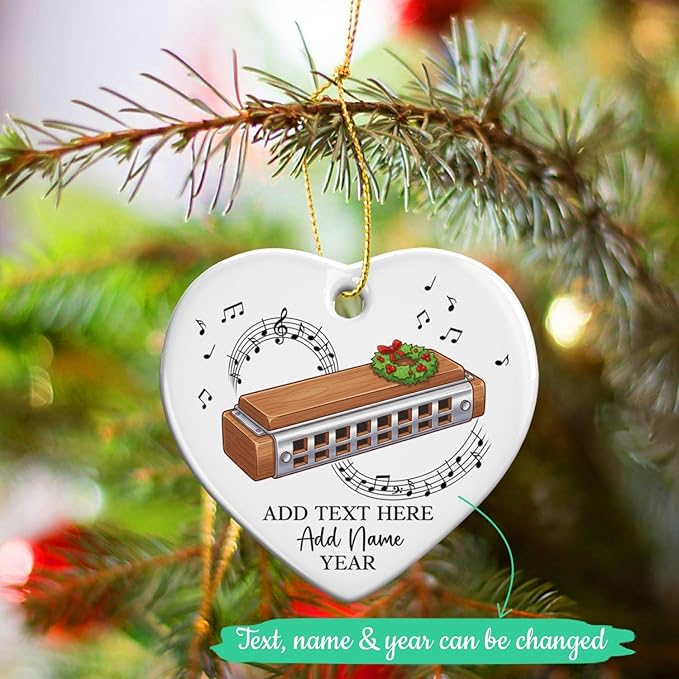 Personalized Harmonica Christmas Ceramic Ornaments, Harmonica Musical Instrument Xmas Tree Ornament 2025, Custom Music Lover Christmas Ornament with Text Name & Year, Gift for Music Teacher