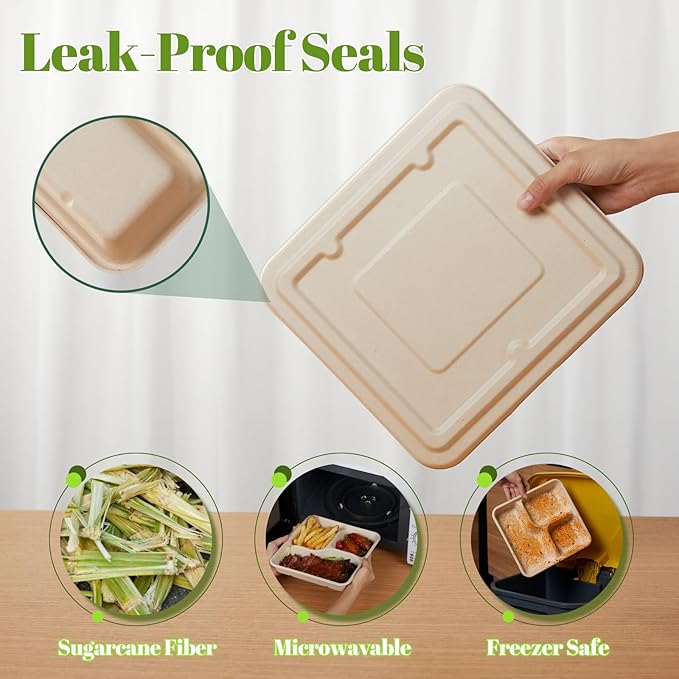 [100% Eco-Friendly] 3 Part Compartment Disposable Food Containers with Lids - Sugarcane Pulp Take Out Boxes, Biodegradable, Compostable, Microwave Safe Lunch Containers - Pack of 50 (Large)