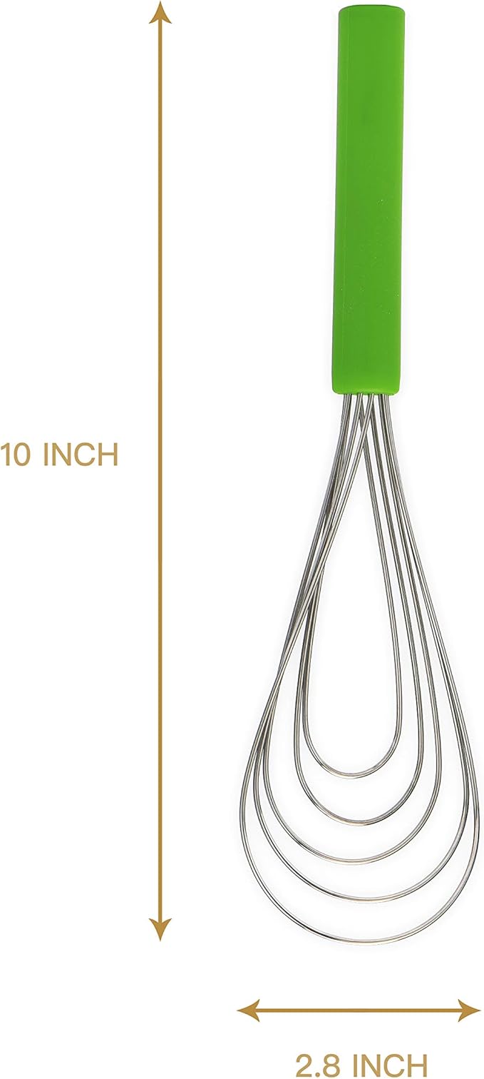 Flat Whisk Silicone Handle Non Slip 10" - 5 Wires Whisk with 10 Heads for Kitchen Cooking by Jell-Cell (Green)