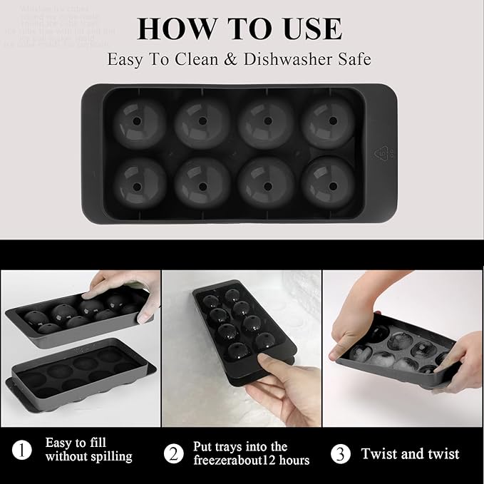 Whiskey Ice Cubes Mold,2 x 8 PCS x 1.8 inch Whiskey Ice Cubes,Circle Ice Cube Tray with Lid and Bin,Sphere Ice Ball Maker Mold,Round Ice Cube Mold for Cocktails(Whiskey Ice Cubes Mold,Black)