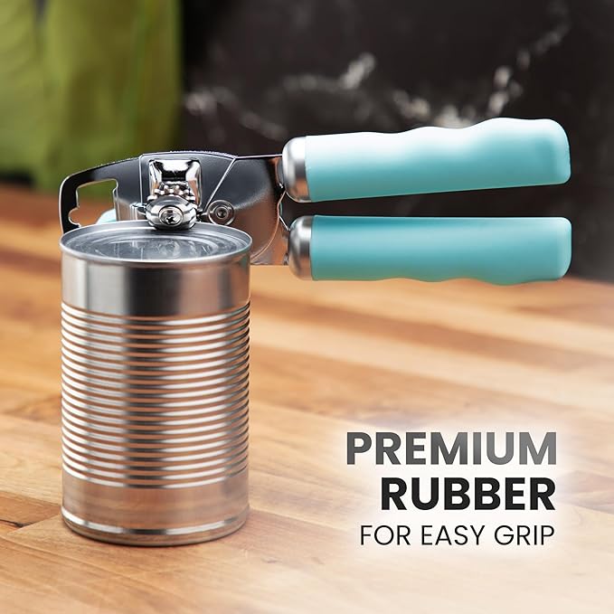 Zulay Kitchen Heavy Duty Stainless Steel Can Opener Manual with Bottle Opener - Rust Proof Manual Can Opener With Turn Knob & Comfy Soft Grip Handles - Teal