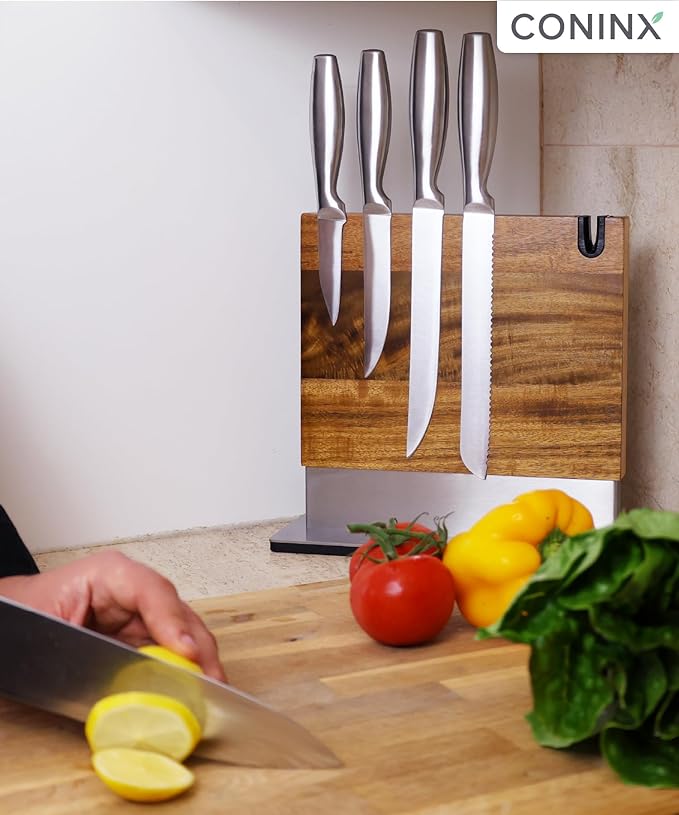 Coninx Magnetic Knife Block with Integrated Sharpener - Double Sided Walnut Wood Knife Holder - Universal Knife Stand with Non-Slip Base for Kitchen Countertop