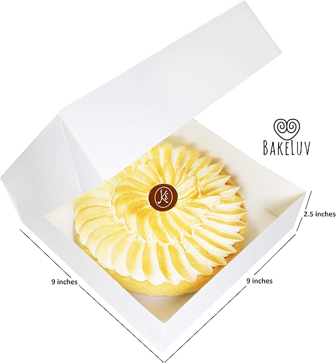 BAKELUV Pie Boxes for 9 Inch Pie | White, 12 Pack | 9x9x2.5 Bakery Box with Window, 9x9 Cookie Box, 9 Inch Pastry Boxes with Window Bulk, Cake Boxes, Auto Pop Up