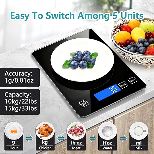 Food Scale, Digital Kitchen Scale 22lb/10kg Steel and Tempered Glass with 1g/0.1oz Precision, Tare & 10 Units, LCD Display for Baking, Cooking, Meal Prep, Coffee, Postage Black