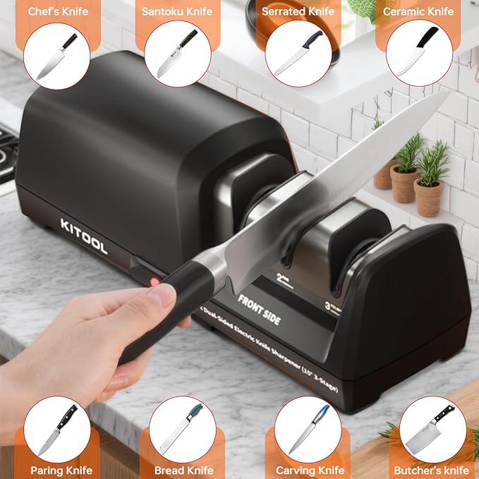 Electric Knife Sharpener, 3-Stage with 100% Diamond Abrasives, Dual-Sided Fast Sharpening, Low Noise & Auto Temperature Control, for Kitchen Straight, Serrated & Ceramic Knives