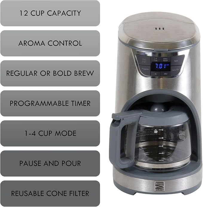 Kenmore Elite Drip Coffee Maker - 12-Cup Programmable Coffee Machine With Glass Pot, Pause and Pour, Auto Shut-Off, Large Water Reservoir, Reusable Filter, Dishwasher Safe Carafe, Percoladora de Café