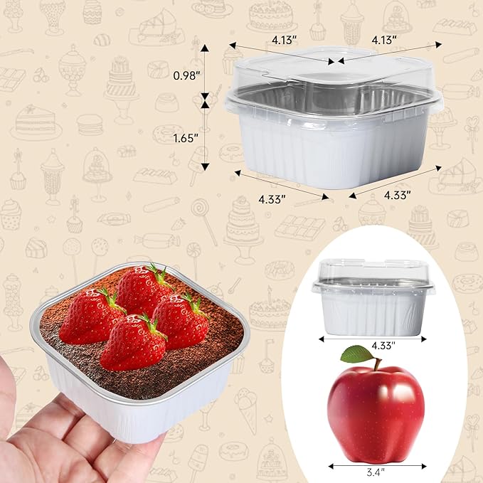 50 Pcs Mini Square Baking Cups with Lids,10oz Aluminum Foil Mini Cake Pans with Lids,Disposable Ramekins Cake Pans,300ml Dessert Cups Cupcake Pans for Wedding Birthday Party,White