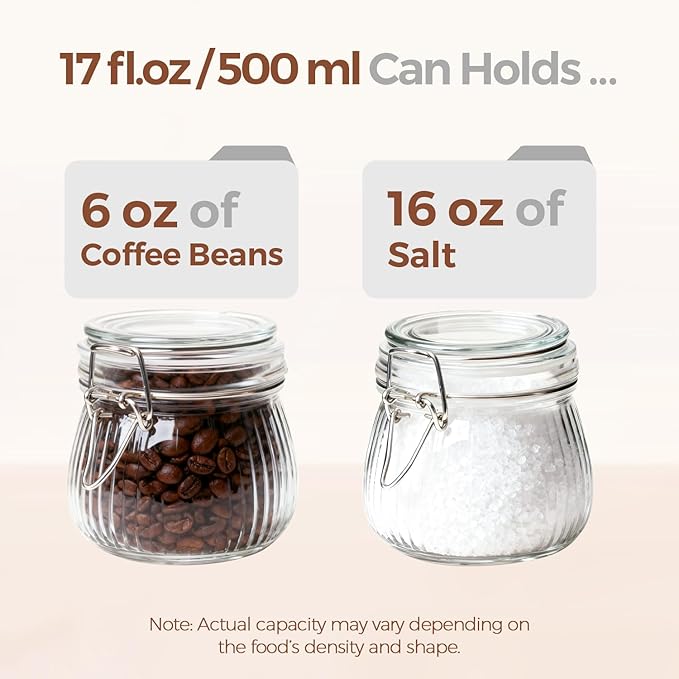 ComSaf Airtight Glass jar with lid 17oz, Glass Storage Containers with Lids, Small Canister, Mason Jars, Minimalist Jar for Kitchen Canning, Overnight Oats, Pickle, Spice, Set of 6