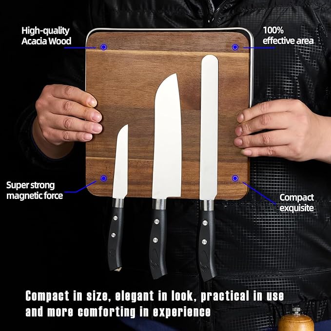 Double-Sided Magnetic Knife Block, Acacia Wood Kitchen Knife Holder, Universal Storage Organizer