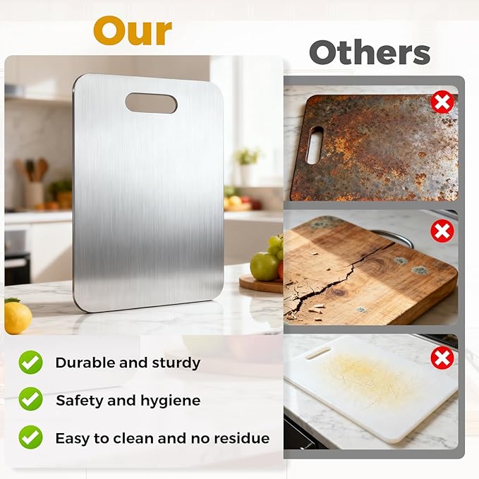 Tavano Titanium Cutting Board,100% Pure Titanium Cutting Boards for Kitchen,Double-side Available Cutting Board for Vegetables,Meat,Fruits,Easy to Store and Clean(S+M+L)