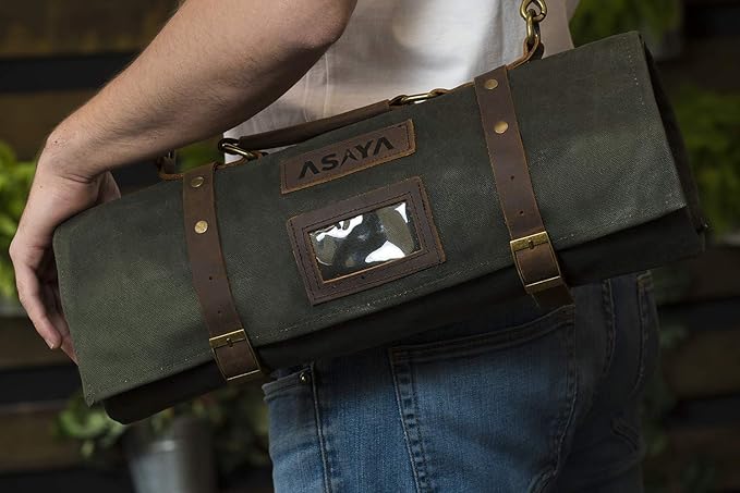 Asaya Waxed Canvas Knife Roll - 15 Knife Slots, Card Holder and Large Zippered Pocket - Genuine Leather, Cloth and Brass Buckles - for Chefs and Culinary Students - Knives Not Included