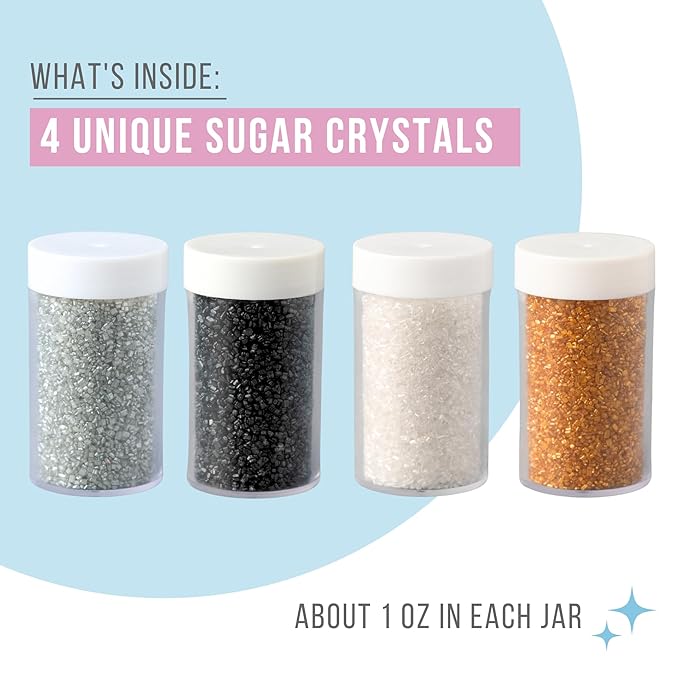 Sweets Indeed Metallic Sugar Crystals 4-Pack – 4.52 oz | Black, Gold, Silver & White Sparkling Sugars in Individual Jars | Premium Baking & Decorating Sugars for Holidays, Parties & Desserts