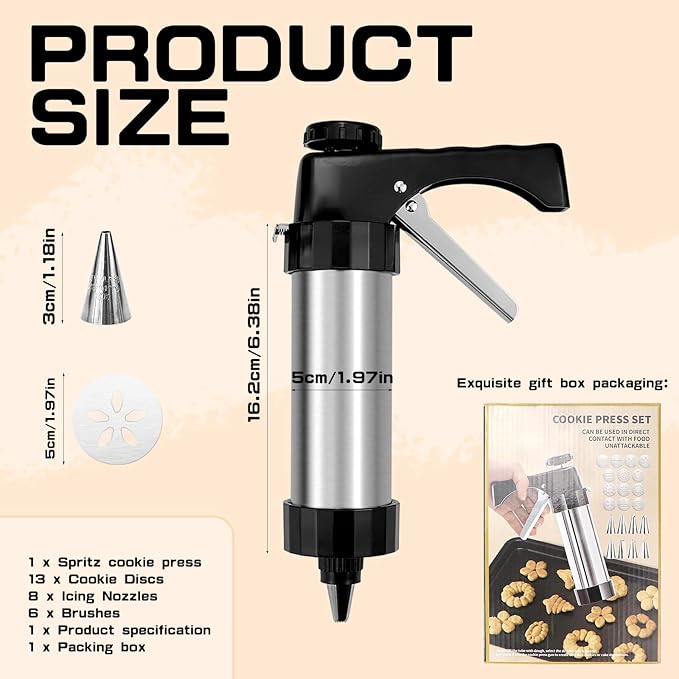 Cookie Press, Cookie Press Gun for Baking, Spritz Cookie Press, Stainless Steel Churros Maker Machine Kit, with 6 Brushes, 13 Cookie Discs, 8 Icing Nozzles, for Cookie Decorating