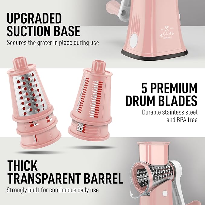 Zulay Kitchen Rotary Cheese Grater 5 Blade Cheese Shredder - Manual Hand Crank Cheese Grater With Reinforced Suction & 5 Interchangeable Drums - Easy to Use, Vegetable Chopper Round Mandoline Slicer