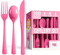 Party Solids Pink Plastic Silverware Heavy Duty 300 Pieces Pink Plastic Cutlery Sets, Utensil Sets, 100 Of Each Forks, Knives & Spoons Disposable Cutlery Set, Flatware Set For Party Supplies