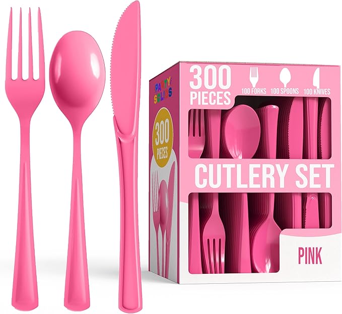 Party Solids Pink Plastic Silverware Heavy Duty 300 Pieces Pink Plastic Cutlery Sets, Utensil Sets, 100 Of Each Forks, Knives & Spoons Disposable Cutlery Set, Flatware Set For Party Supplies