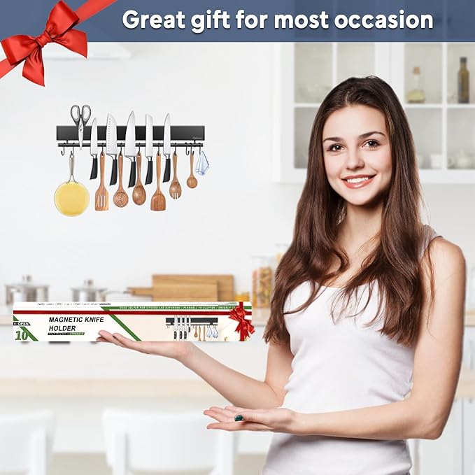 20 inch magnetic knife holder with 10 hooks, No Drilling black knife magnetic strip and utensil hanger for wall, Powerful knife magnet rack include tape and screws