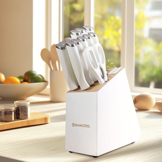 White Knife Set, 13 Pieces Knife Block Set with Built-in Sharpener Scissors for Kitchen Meat & Vegetable Cutting, Dishwasher Safe Knives Set Present for Family & Restaurant