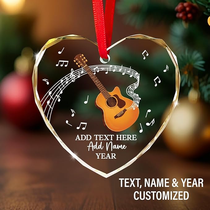 Customized Guitar Christmas Glass Ornaments, Personalized Guitar Player Xmas Ornament with Text Name & Year, 2025 Christmas Ornament Gift for Guitarist Teacher, Instrument Xmas Tree Decor