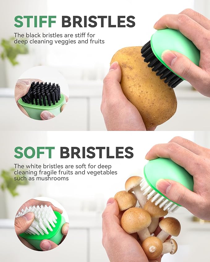 SXhyf Vegetable Brush Scrubber for Food [Black Stiff Bristles Brush + White Soft Bristles Brush] Potato Scrubber, Dishwasher Safe Veggie & Fruit Cleaning Brush for Mushrooms, Carrots, Lemons, Eggs