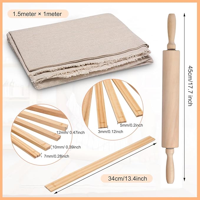 Newtay 12 Pcs Pottery Tools Include 1 Wood Rolling Pin Sculpting Polymer Clay Tools 1 Portable Pottery Wedging Board/Linen Tablecloth and 10 Pcs 5 Size Teaching Rolling Mud Stick Guide (Tablecloth)