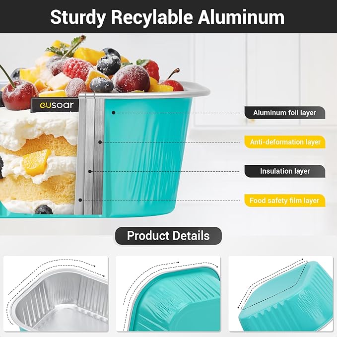 EUSOAR Aluminum Foil Baking Cups with Lids, Blue 10oz 50pcs Creme Brulee Cups, Disposable Ramekins, Muffin Cups for Baking, Square Cupcake Pans, Mini Cake loaf Bread Pans