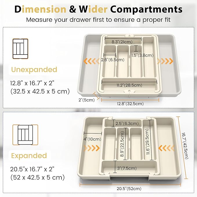 Caperci Large Silverware Organizer for Kitchen Drawer & Utensils - Expandable Drawer Organizer for Cutlery, Flatware & Gadget, BPA-Free Thick Plastic, Wider Compartments & Non-skid Feet (Tofu)