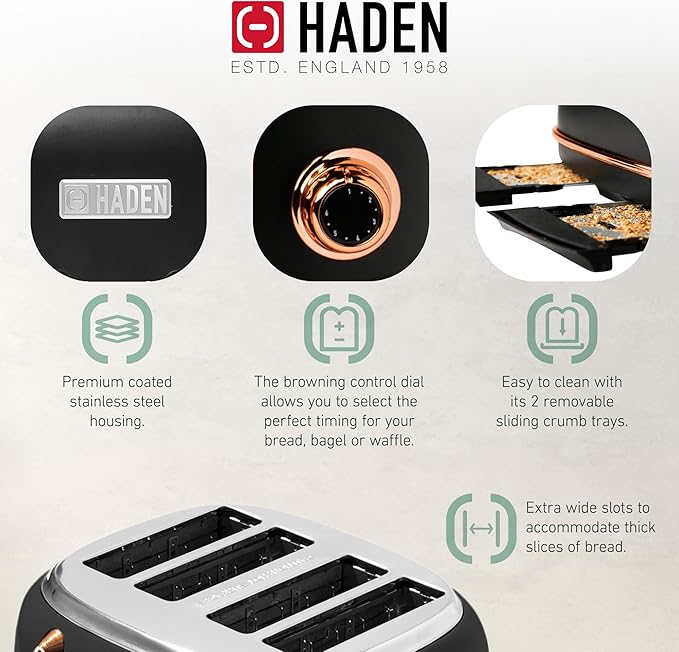 Haden Heritage 4 Slice Wide Slot Stainless Steel Toaster Bundled with 12 Cup Programmable Drip Coffee Maker Coffee Machine, Black & Copper