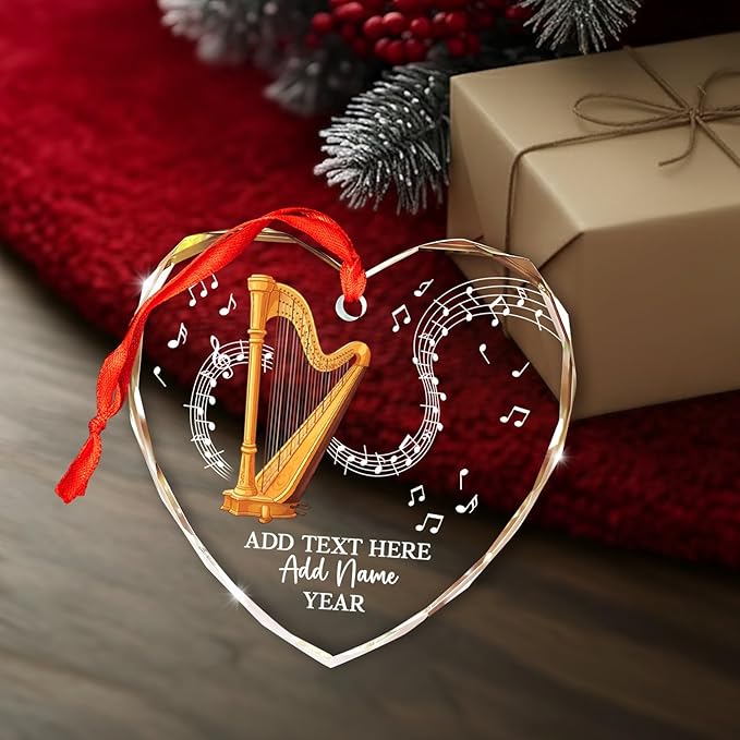 Personalized Text Name Year Harpist Christmas Ornament, Customized Harp Music Instrument Glass Ornaments, 2025 Xmas Ornament Gift for Teacher Student Harp Player, Musician Xmas Decorations