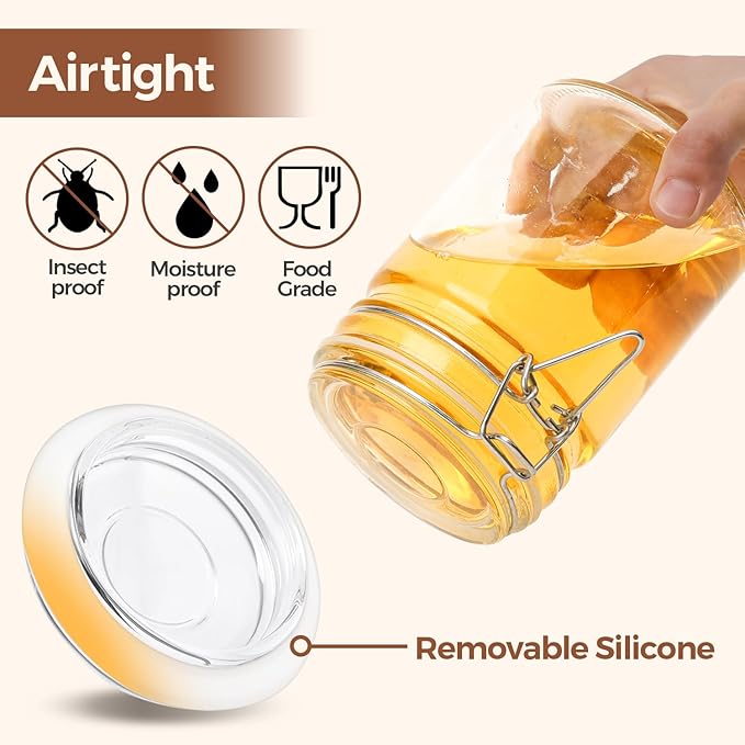 ComSaf Airtight Glass Canister with Lid Set of 6, 25oz Food Storage Jar, Mason Jars, Storage Container with Seal Wire Clamp Fastening for Kitchen Fermenting Preserving Canning Pasta Flour Cereal