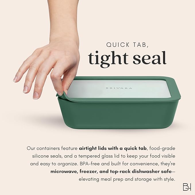 Ceramic Coated Glass Food Storage Container | No PTFE, PFOA, PFAS, and BPA | Reusable Non Toxic Meal Prep Container with Glass Lid | Easy To Store | 8 Cup Square [Pine]