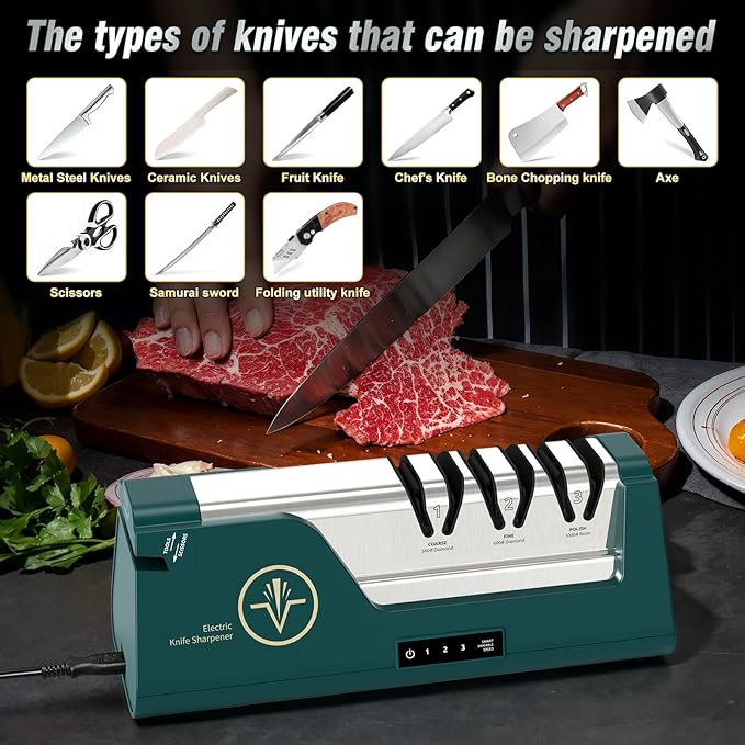 Professional Electric Knife Sharpener with 100% Diamond Abrasives & Precision Angle Guides, 3-Speed Variable 4-Stage Open Touch-Screen LCD Knife Sharpener for Straight, Serrated Edges, Scissors & Axes