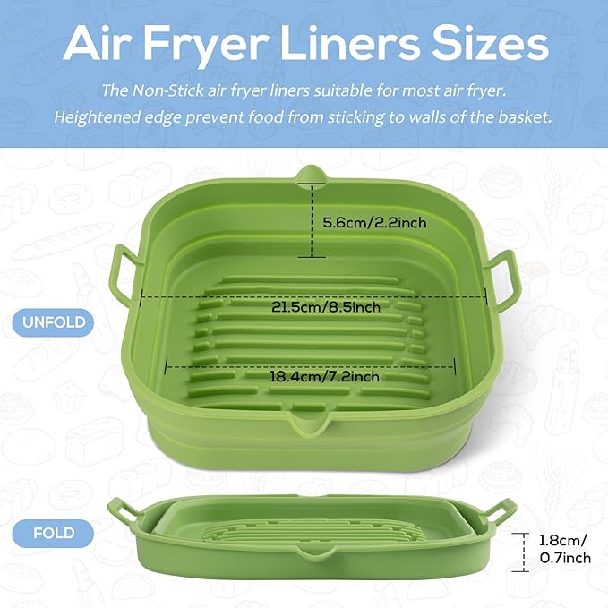 Silicone Air Fryer Liners - Square Reusable Airfryer Basket - Easy to Clean Air Fryers Silicone Pot for 5.8 to 8 Qt Air Fryer Baking Tray Oven Accessories, 8.5 Inch Large