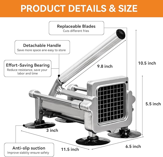 Commercial French Fry Cutter Stainless Steel.Potato Cutter for French Fries with 1/4Inch Blade, Commercial French Fry Cutter Manual Potatoes Cutting Machine with Suction Feet.