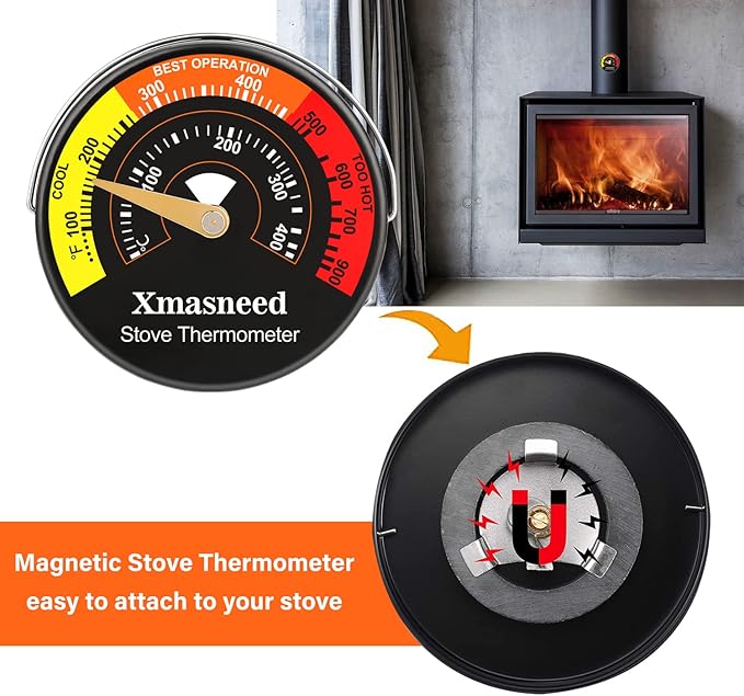 Wood Stove Magnetic Thermometer, Oven Temperature, Top Stove Thermometer for Wood Stoves, Gas, Pellet, Overheat Safety