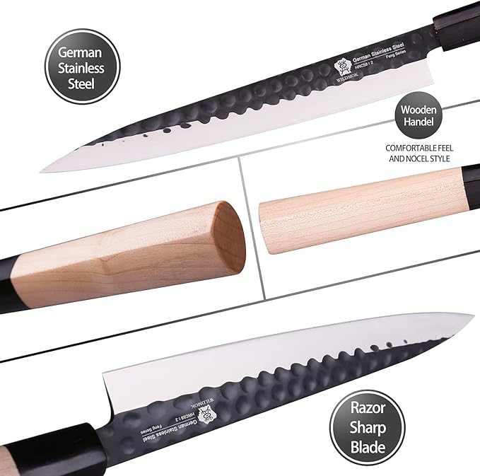 WILDMOK Left Handed 4pcs Knife Set GYUTO Sashimi Sushi Knife Sets for Left Handed, Fish Filleting Chef Knife for Kitchen German Steel Blade & Traditional Wooden Handle