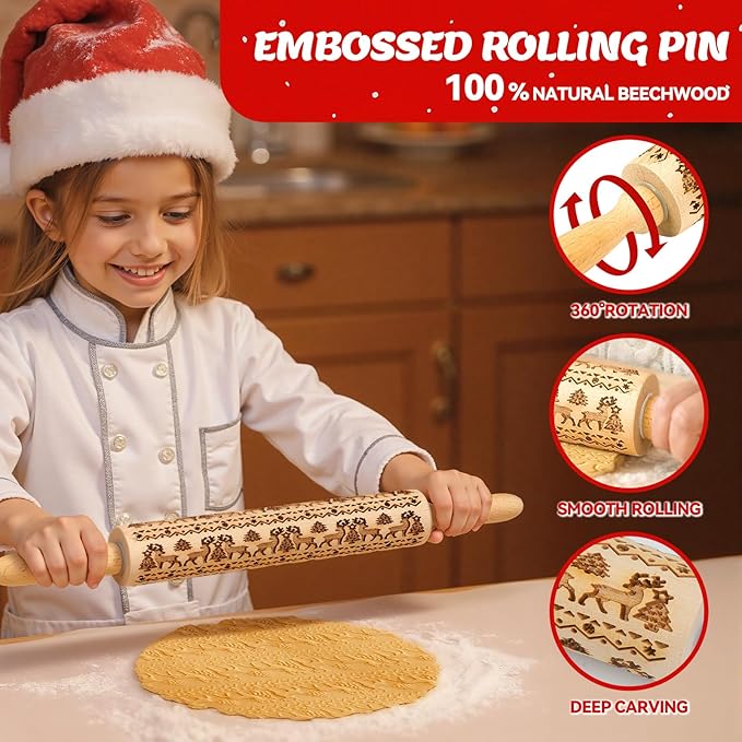 Christmas Gifts Wooden Embossed Rolling Pin for Baking, Deep Engraved Embossing Rolling Pins Cookie Stamps Roller with Christmas Elk Deer Pattern Designs for Baking Cookies Stamps Roller, DIY Tools