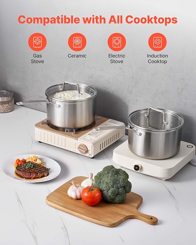 VEVOR 4 QT Saucepan, Stainless Steel Saucepan with Glass Lid, Multipurpose Nonstick Stainless Steel Small Cooking Sauce Pot with Ergonomic Handle, Friendly for Oven, Dishwasher, Induction Cooker